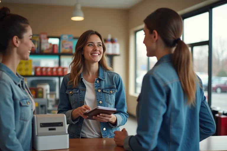 Femme en denim au comptoir d'une station essence
