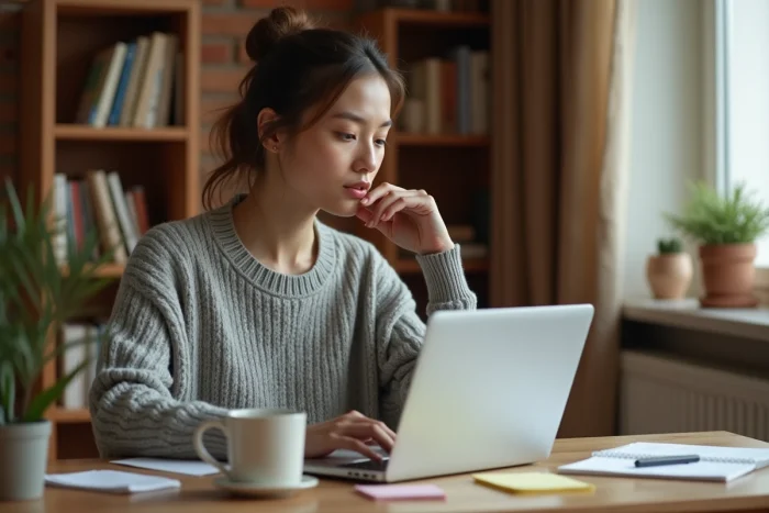 Femme concentrée gérant une cagnotte en ligne sur son ordinateur portable dans un bureau à domicile