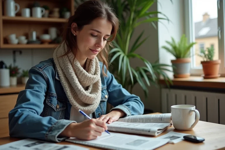 Femme en denim et écharpe lisant un journal à la maison