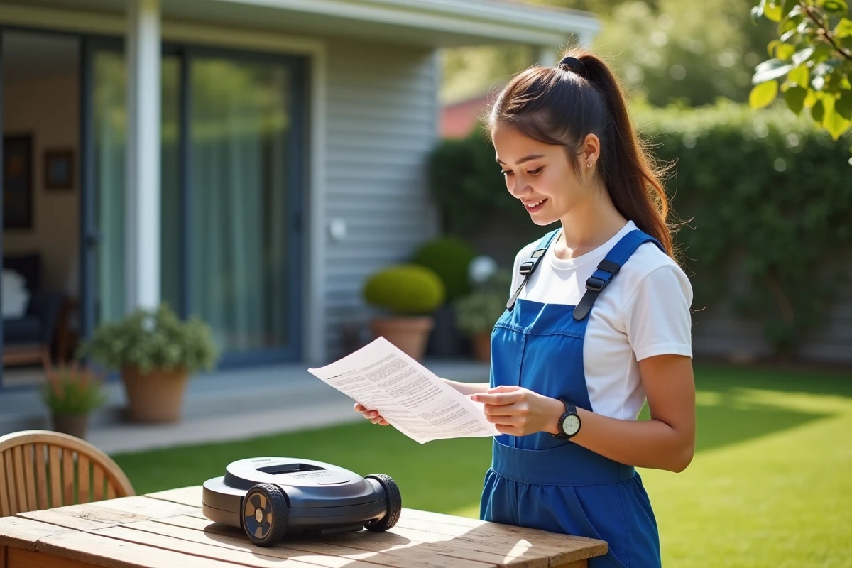 Jeune femme lisant un manuel pour robot tondeuse dans le jardin