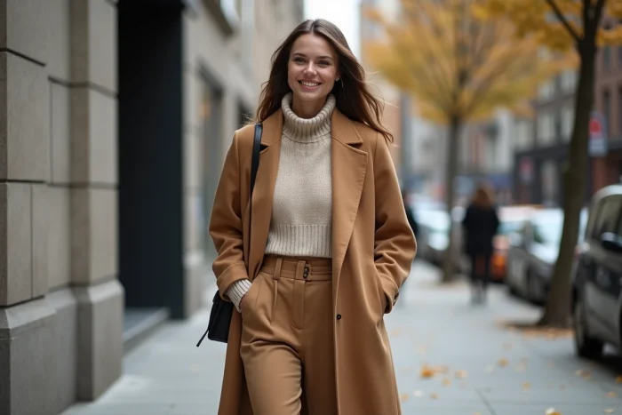 Femme élégante en manteau camel dans une ville automnale