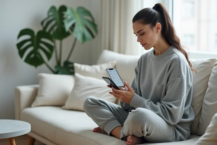 Femme consultant un navigateur web sur smartphone pour accéder à une adresse sécurisée