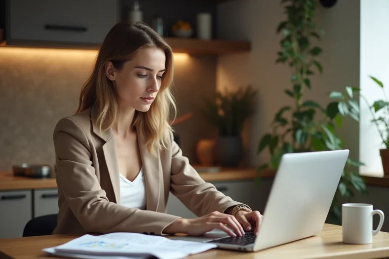 Femme organisée avec documents financiers dans une cuisine chaleureuse
