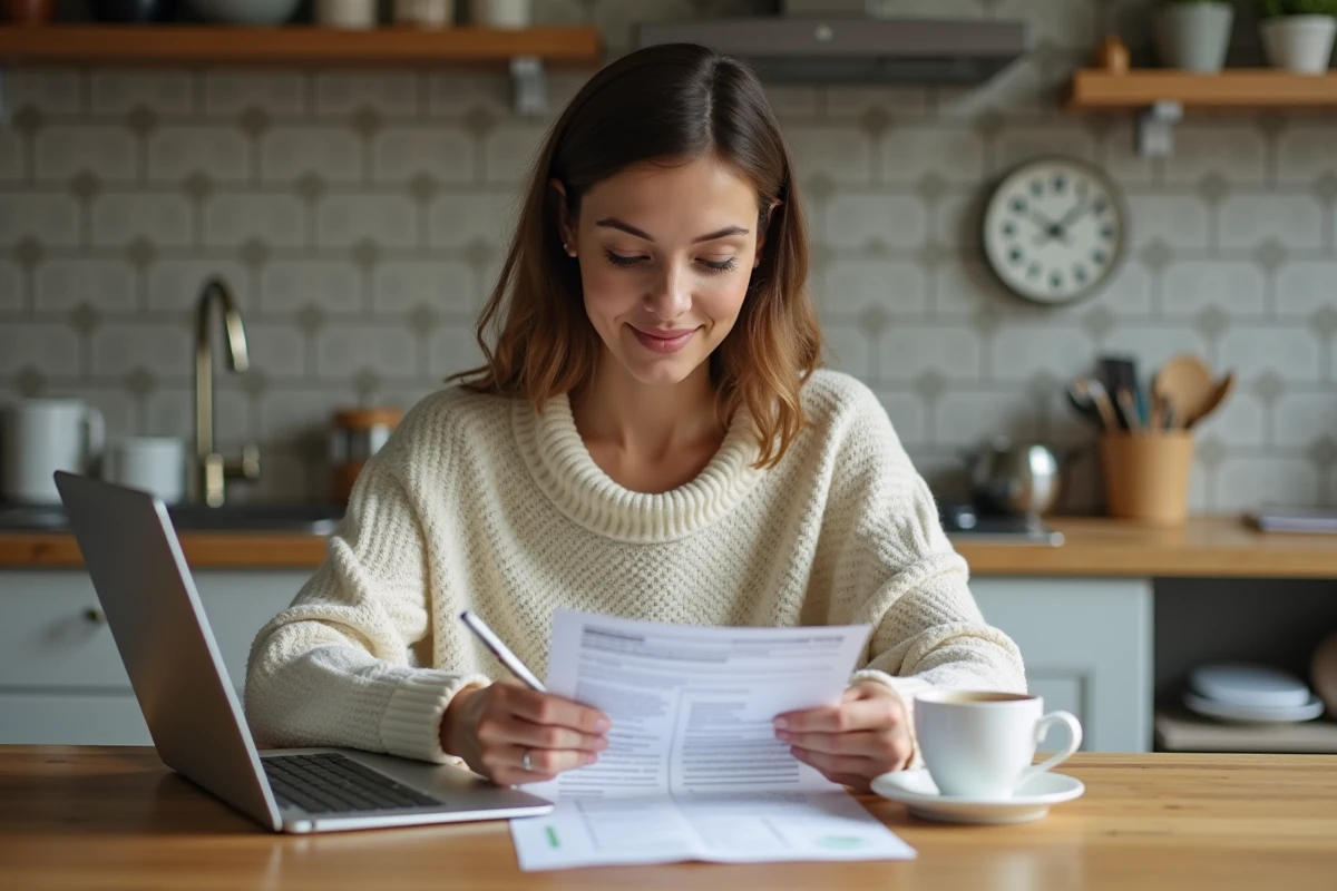 Jeune femme remplit papiers de voiture dans sa cuisine