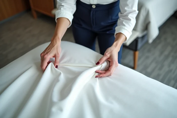 Femme plie un linge de lit dans une chambre d hotel