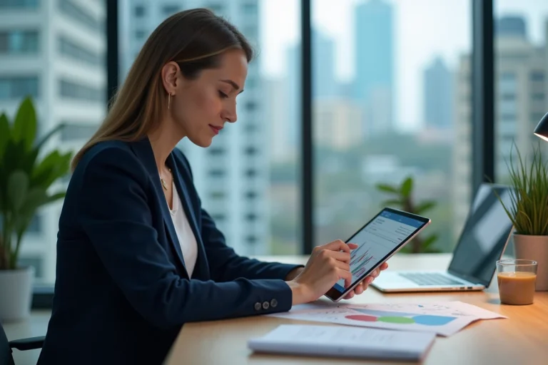 Femme professionnelle analysant des graphiques financiers sur une tablette dans un bureau moderne avec vue sur la ville