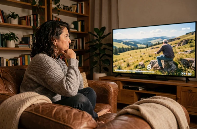 Femme regardant un documentaire sur la télévision française dans un salon cosy et chaleureux