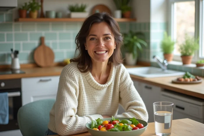 Femme souriante dans une cuisine moderne avec salade et eau