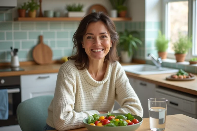 Femme souriante dans une cuisine moderne avec salade et eau