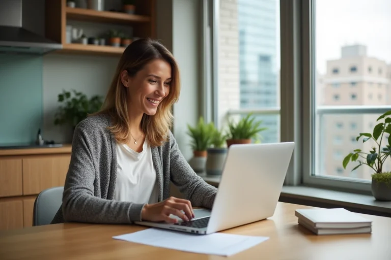 Femme souriante signant un contrat de location sur son ordinateur dans un appartement moderne