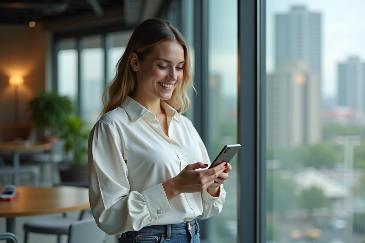 Femme daffaires utilisant son smartphone près d une fenêtre