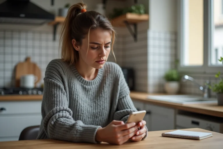 Femme consultant un numéro de téléphone inconnu sur son smartphone dans une cuisine