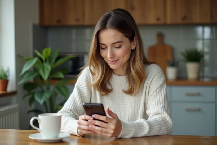 Femme assise à la cuisine regardant son smartphone avec réflexion