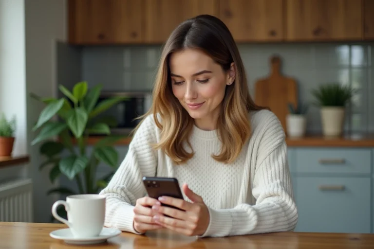 Femme assise à la cuisine regardant son smartphone avec réflexion