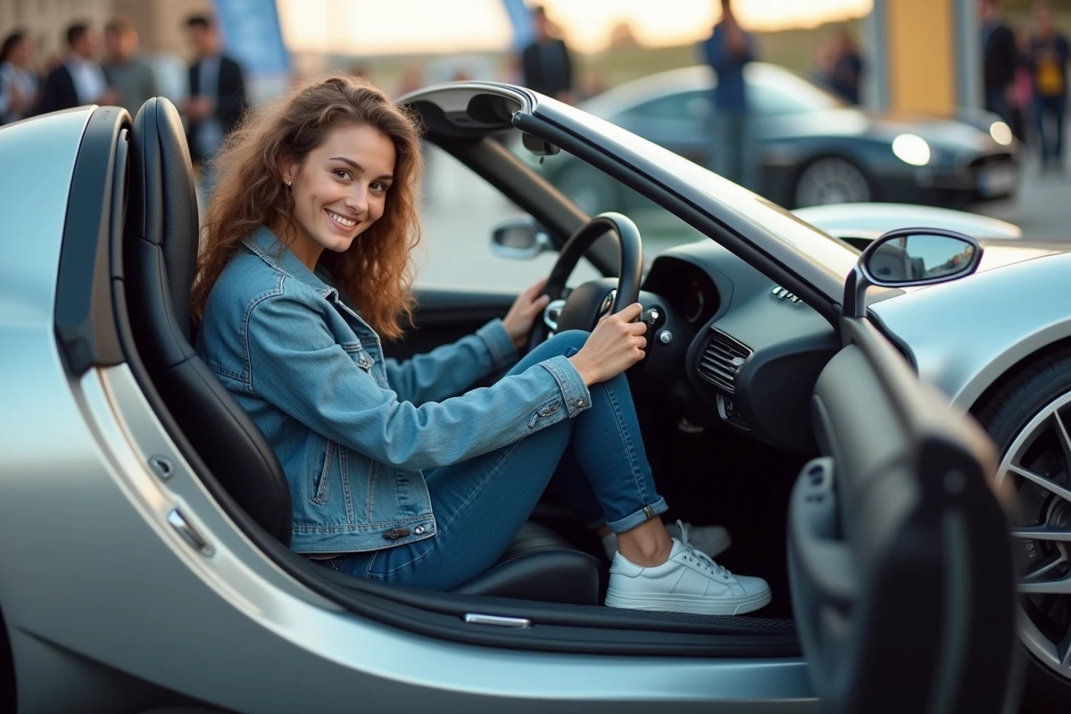 Femme souriante dans une voiture futuriste lors d’un événement