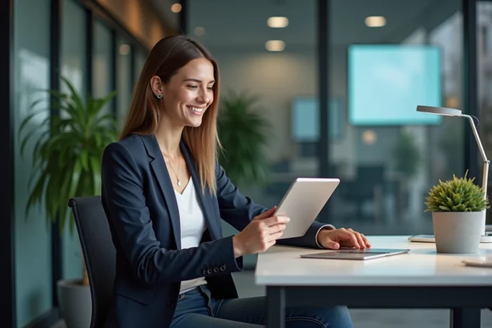 Jeune femme souriante avec tablette dans un espace de travail moderne