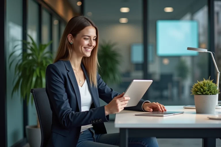 Jeune femme souriante avec tablette dans un espace de travail moderne