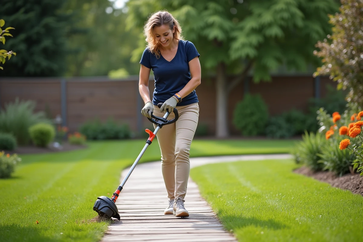 Jeune femme taillant la pelouse avec un coupe-boseur