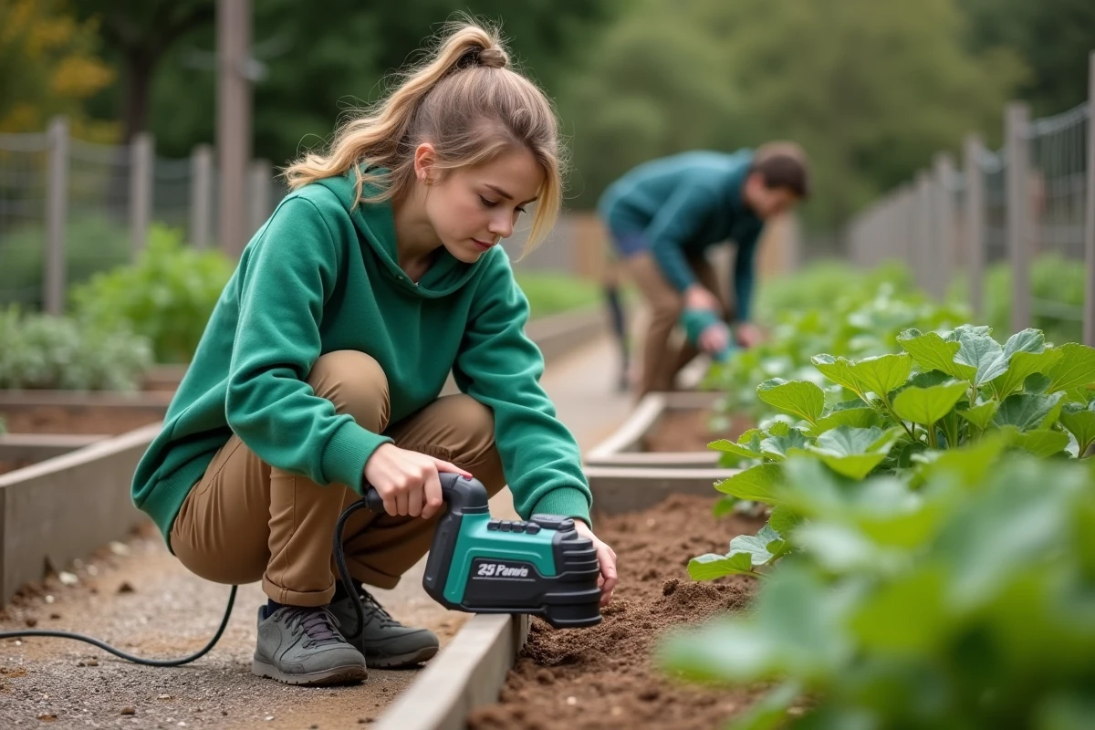 Jeune femme ajustant une débroussailleuse dans le jardin