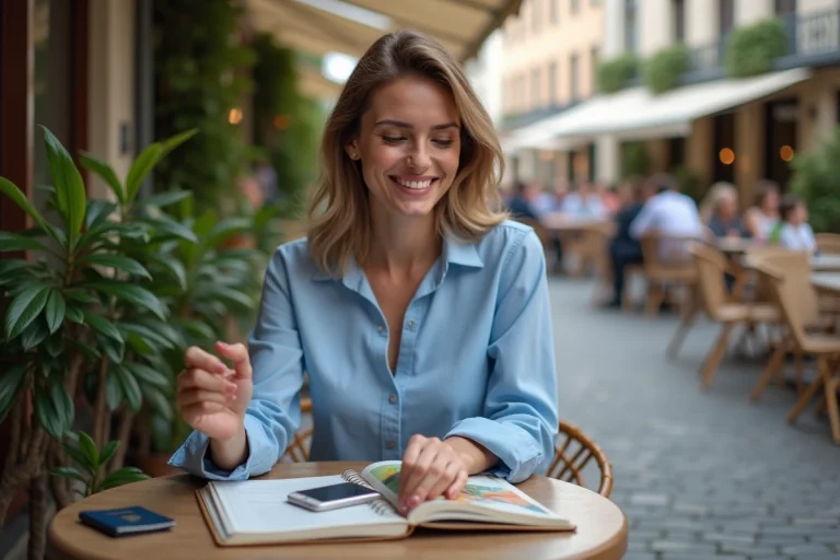 Femme souriante en voyage avec planner et passeport