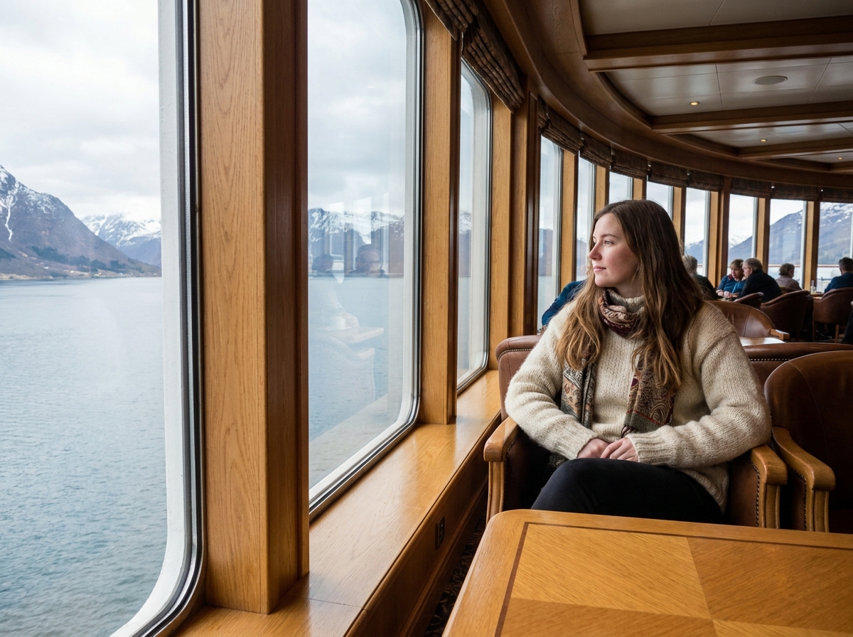 Jeune femme regardant par une grande fenetre dans un salon de croisiere