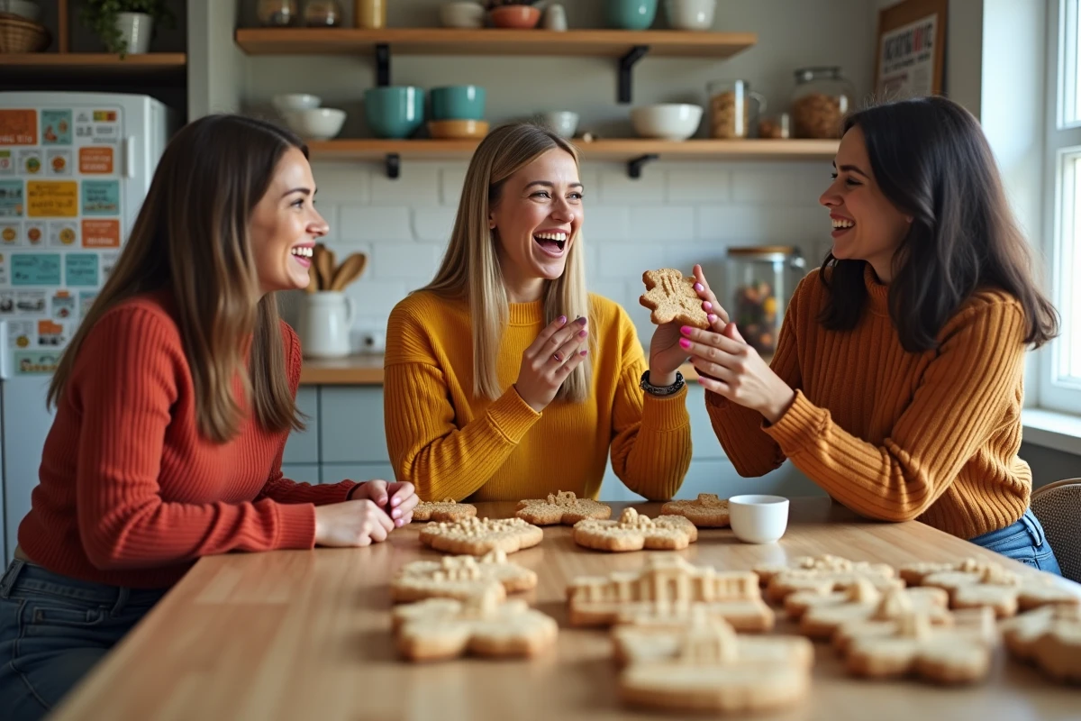 Trois femmes rient autour de cookies en forme de bâtiments