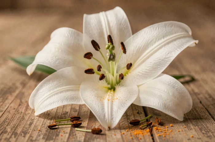 Gros plan sur le pistil et les étamines d'un lys blanc oriental avec pollen orange visible sur une surface en bois rustique