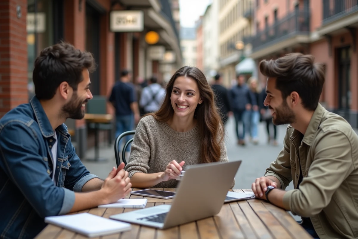Groupe de jeunes adultes collaborant autour d une table de café