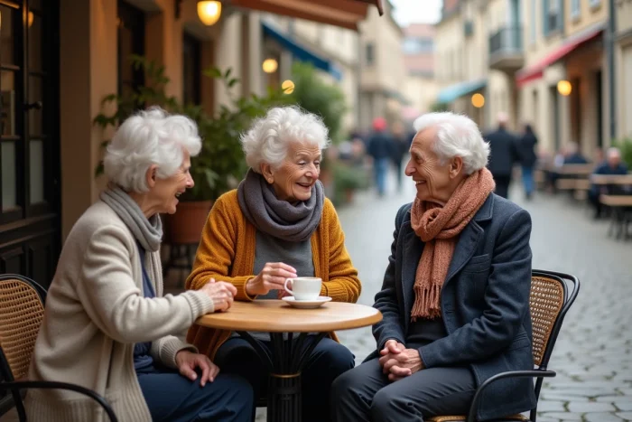 Groupe de personnes âgées de 95 ans discutant autour d'un café en terrasse dans un village français
