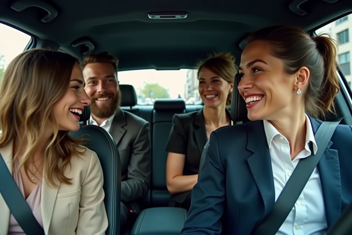 Groupe de professionnels discutant dans une voiture en ville