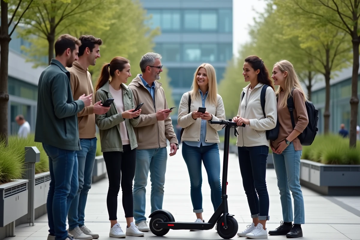Groupe divers d adultes utilisant objets connectes en espace urbain