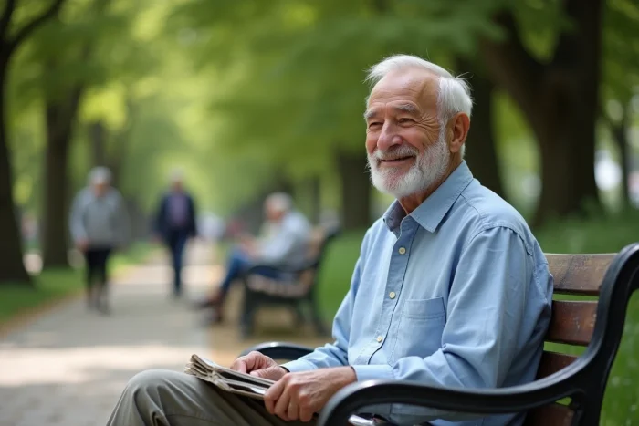 Homme de 95 ans souriant sur un banc dans un jardin public français tenant un journal