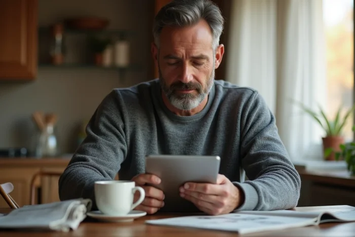Homme consultant les actualités sur une tablette dans sa cuisine
