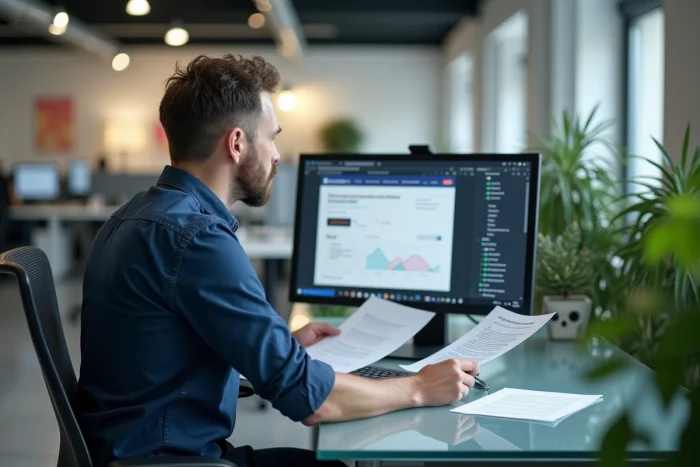 Homme analysant les résultats d'une cagnotte en ligne dans un bureau professionnel moderne