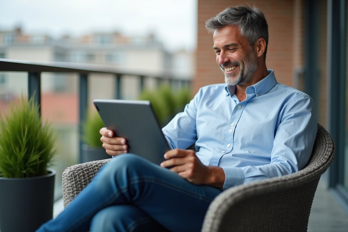 Homme détendu avec tablette sur un balcon urbain