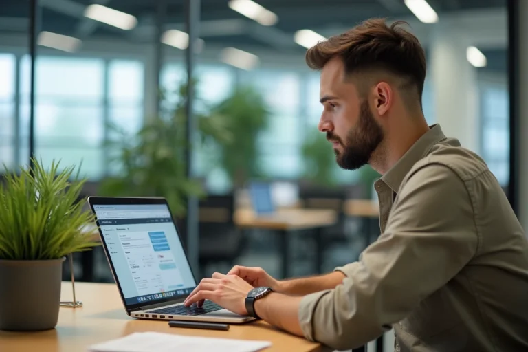 Homme d'affaires au bureau naviguant sur un portail employe