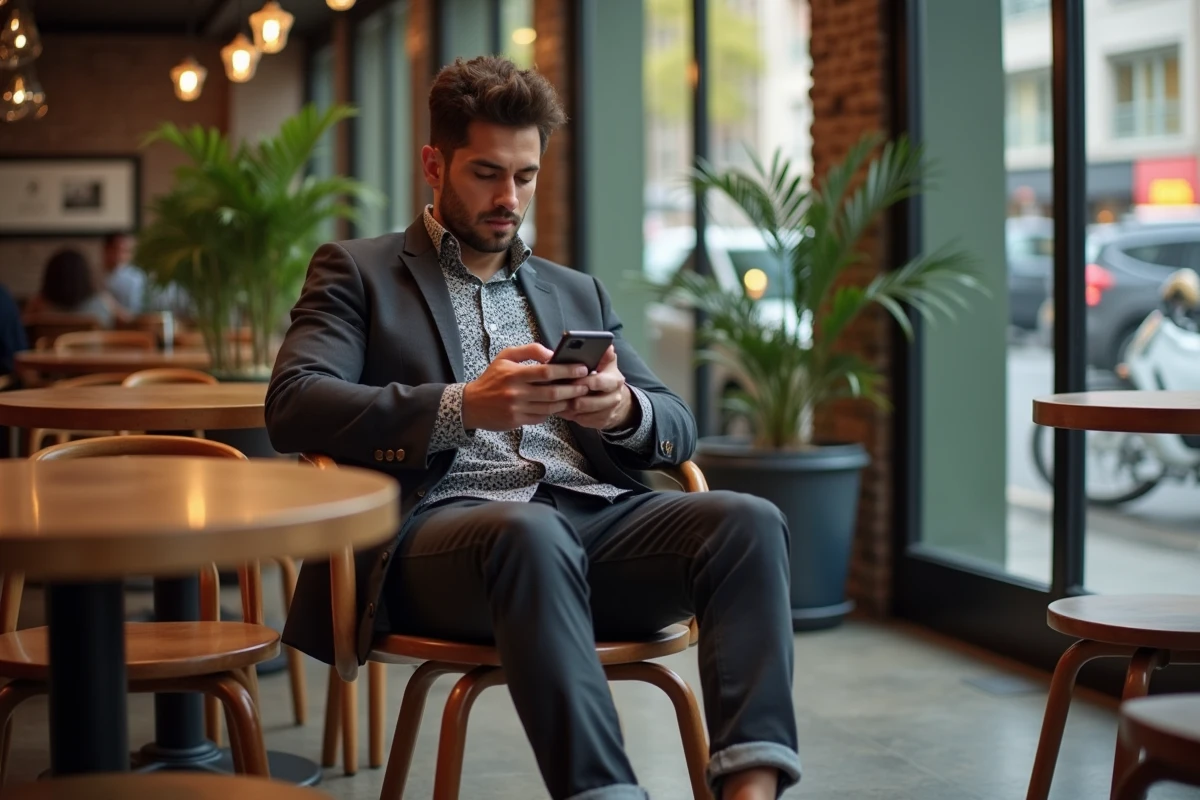 Jeune homme dans un café moderne avec vêtements tendance
