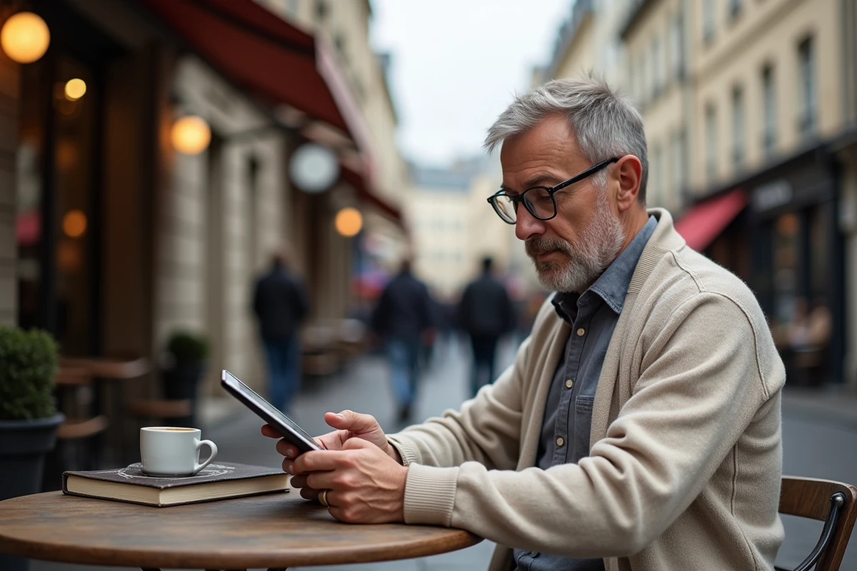 Homme lisant une tablette dans un café parisien animé