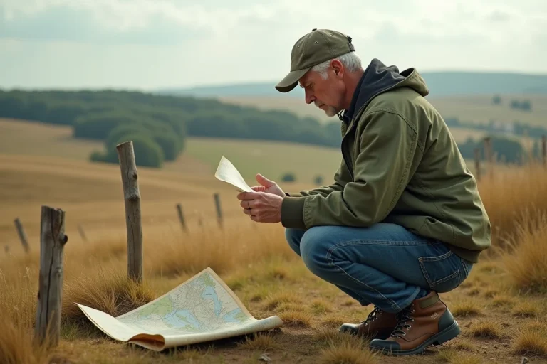 Homme étudiant une carte topographique sur un terrain rural pour trouver le terrain idéal en autonomie