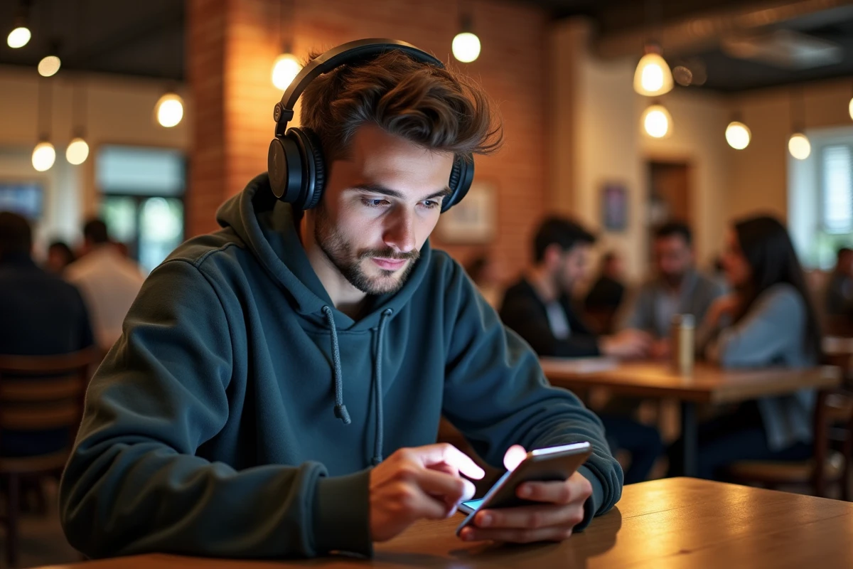 Homme concentré utilisant smartphone dans café coworking