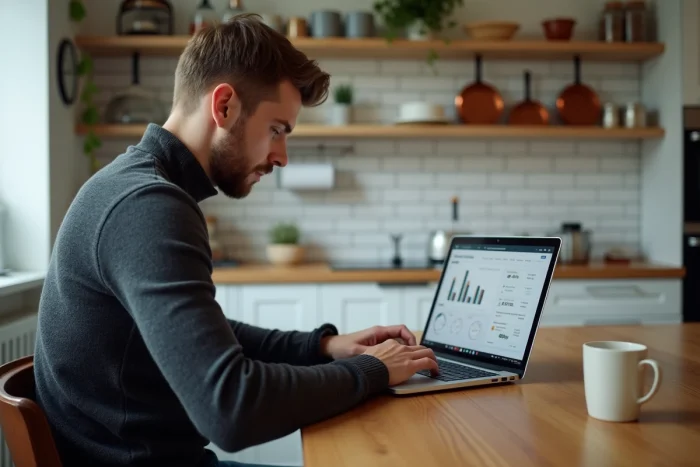 Homme gérant son budget personnel sur un ordinateur portable avec un tableau de bord financier dans une cuisine moderne