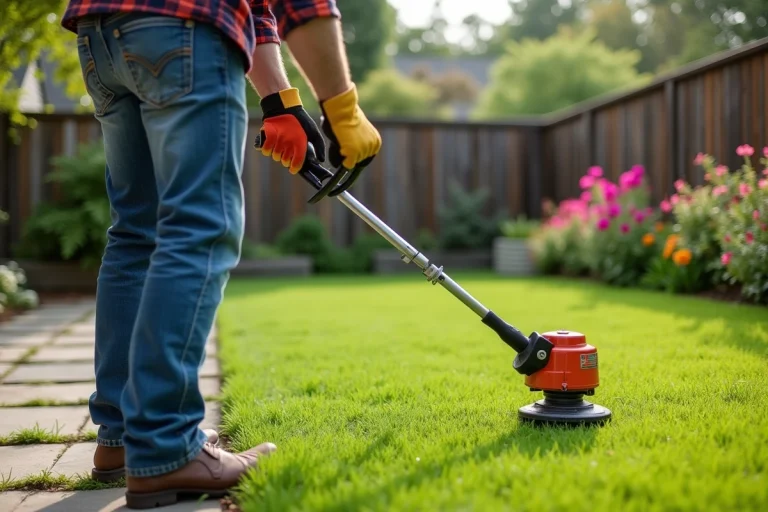 Homme souriant utilisant une tondeuse dans le jardin