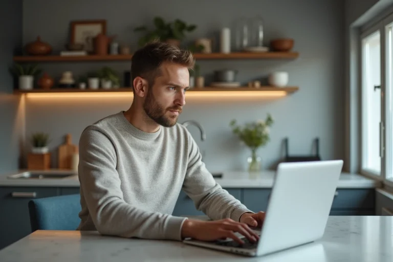 Homme concentré tapant sur un ordinateur portable en cuisine