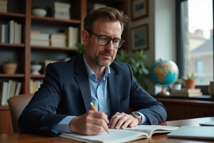 Homme d'âge moyen lisant un journal dans un bureau cosy