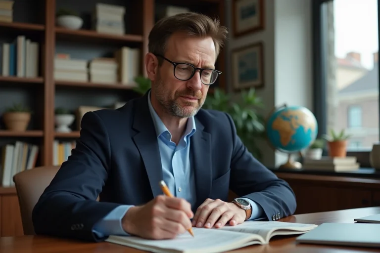 Homme d'âge moyen lisant un journal dans un bureau cosy