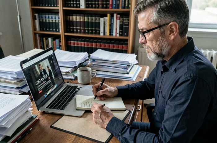 Homme prenant des notes en regardant un documentaire sur son ordinateur portable dans un bureau à domicile