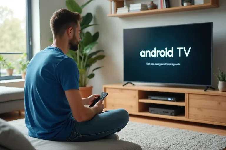Homme assis regardant une TV Android dans un salon moderne