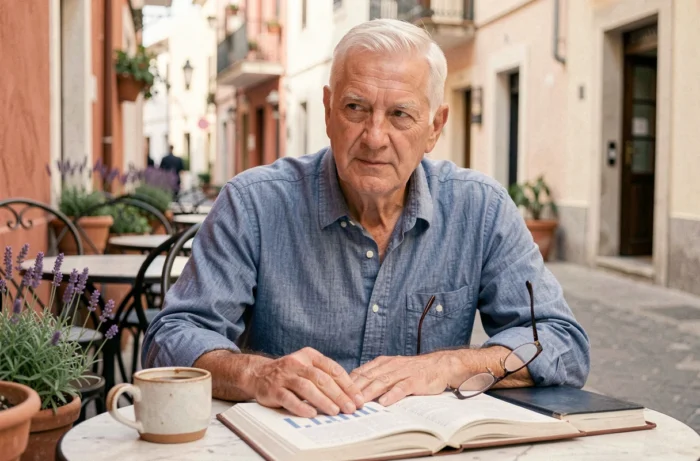 Homme retraité lisant un guide de planification financière à la terrasse d'un café méditerranéen