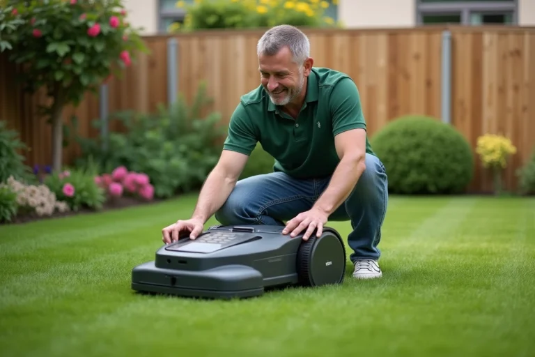 Homme d'âge moyen utilisant une tondeuse robot dans un jardin