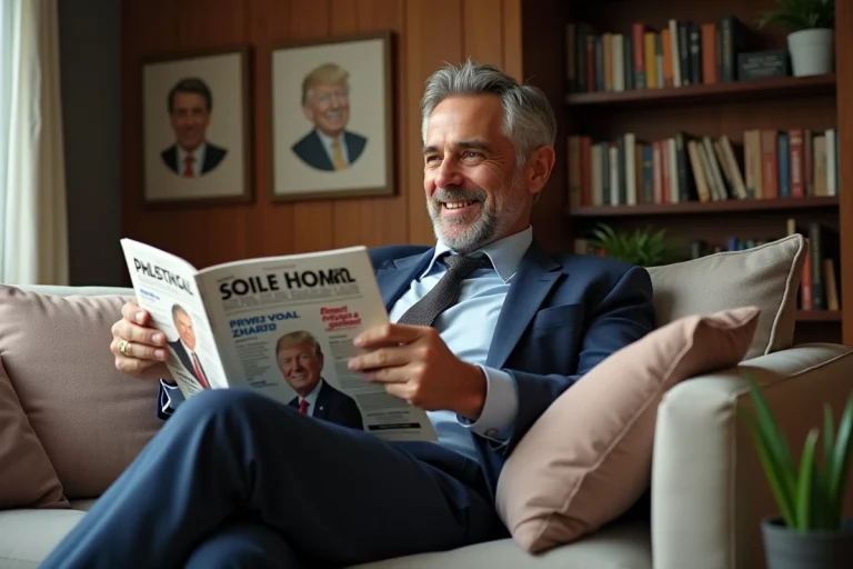 Homme d'âge moyen sur un canapé avec coussins politiques